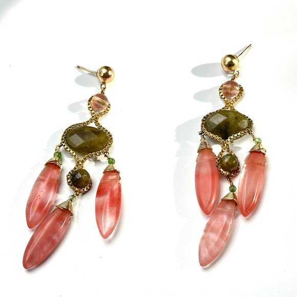 Vintage 14kGF Rutilated Green & Cherry Quartz Drop Statement Earrings Signed EUC - Picture 2 of 4
